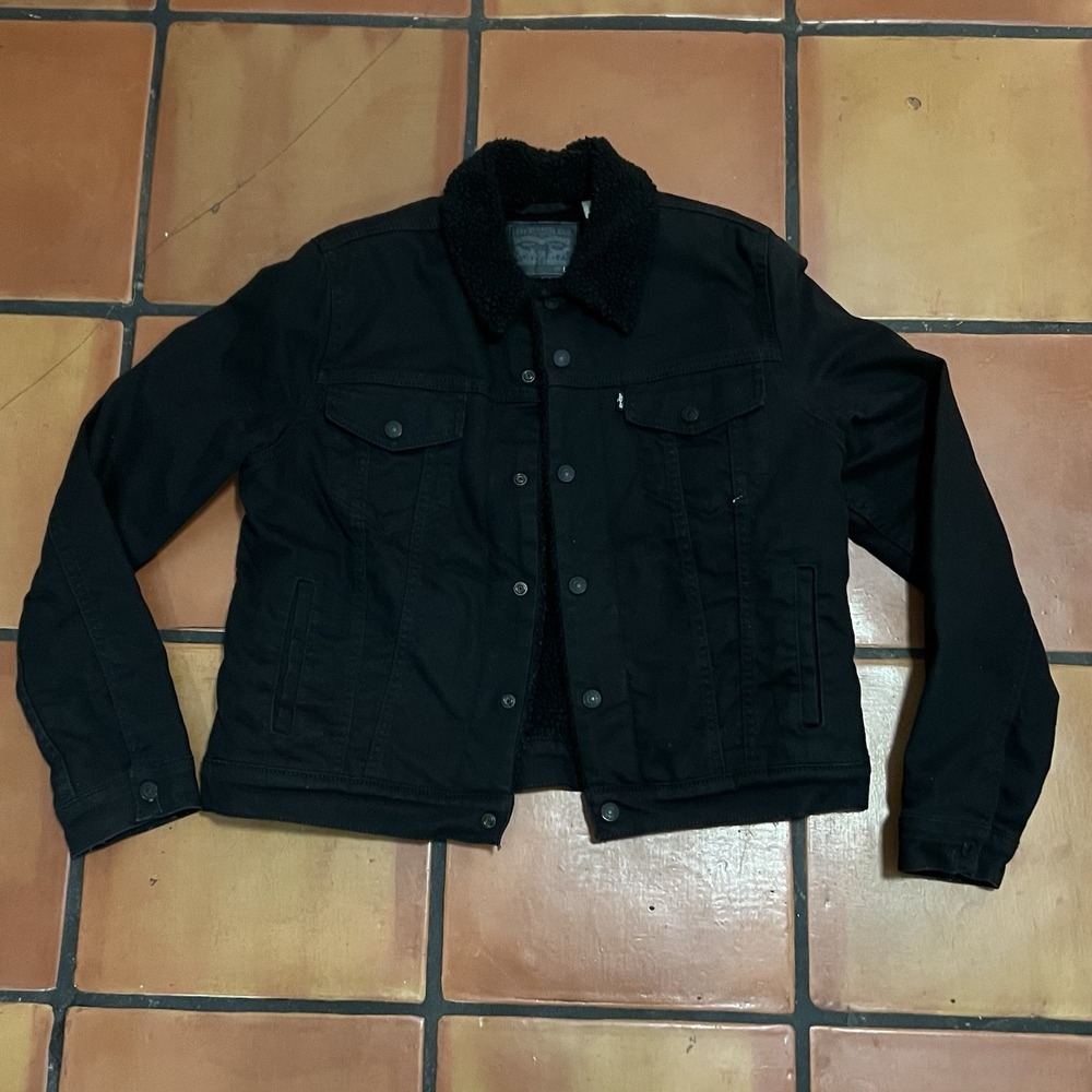 LEVI'S‎ Original Sherpa Trucker Black Fleece Lined Denim Jacket ~ Women's Size L